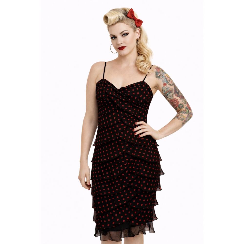 Tadashi Shoji Black Red Polka Dot Dress Pinup Rockabilly Retro Silk Womens 10P